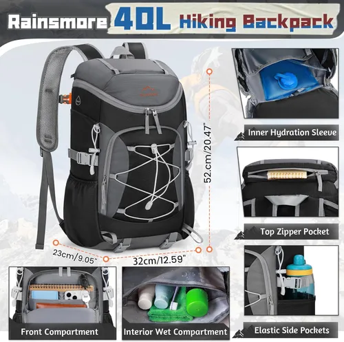 Miniatura 3 de RAINSMORE Mochila de senderismo plegable para mujeres y hombres, mochila de camping plegable de 40 litros, impermeable, bolsa de senderismo ligera