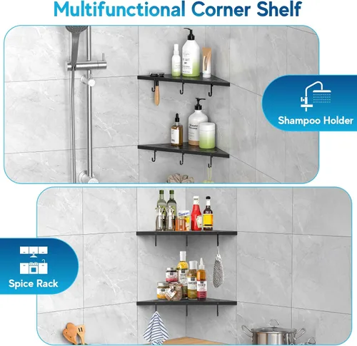 Miniatura 3 de Estantes esquineros de ducha, estante empotrado de acero inoxidable 304 negro mate de 10 pulgadas para baño, estante de lechada con ganchos