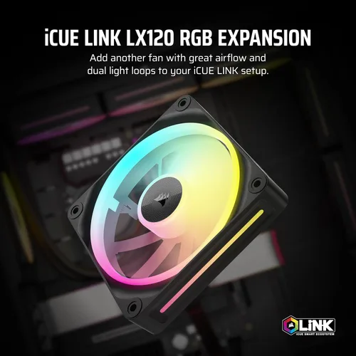 Miniatura 2 de CORSAIR iCUE Link LX120 RGB 120mm PWM Ventilador individual – Bucles de luz duales – Requiere iCUE Link System Hub (se vende por separado) – Negro