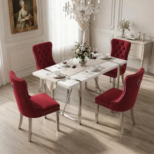 Miniatura 15 de Juego de mesa de comedor negra para 4, parte superior negra brillante de 55 pulgadas con patas de metal dorado, juego de mesa de comedor moderno