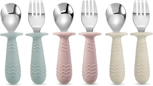 PandaEar 6 Piezas Utensilios de Silicona de Acero Inoxidable para Bebés y Niños Pequeños Cubiertos Cuchara Tenedor para Bebés y Niños Pequeños Sin