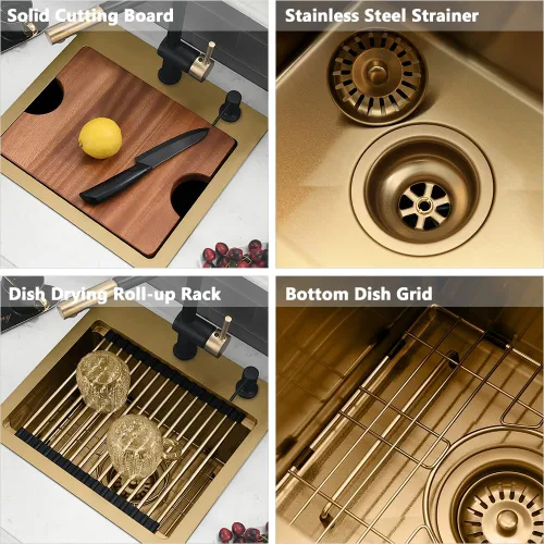 Miniatura 8 de In-VASOYO - Fregadero de barra dorada de 15 pulgadas para fregadero de cocina pequeño de 15 x 15 pulgadas, fregaderos de barra húmeda, fregadero