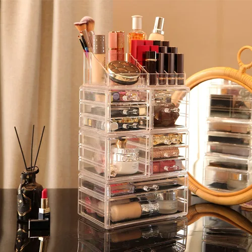 Miniatura 3 de Cq Acrylic Paquete de 4 organizadores de maquillaje transparentes, apilables con 10 cajones para tocador, joyas, pinzas para el cabello, productos