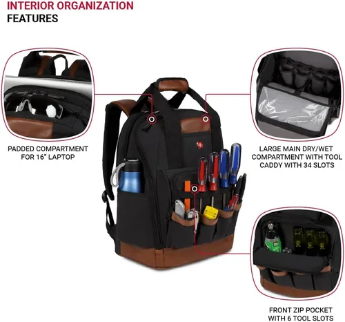 Miniatura 4 de SwissGear Mochila de bolsa de herramientas, se adapta hasta, Negro/marrón lona, Mediana, Negocios