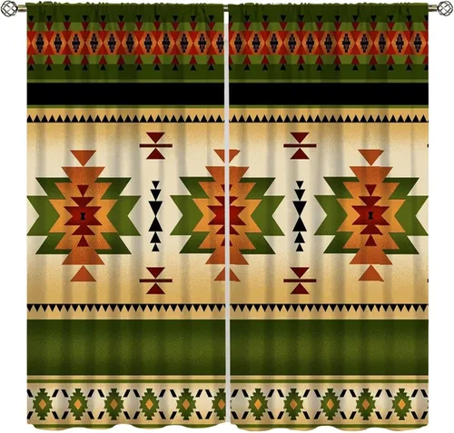Miniatura 22 de Cortinas aztecas, patrón étnico tribal nativo del suroeste, estilo bohemio occidental, geométrico, tratamientos de ventana para sala de estar, juego