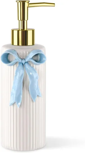 Dispensador de jabón de cerámica hecho a mano, dispensador de líquido de loción para manos, recargable para decoración de cocina y baño (azul cinta)