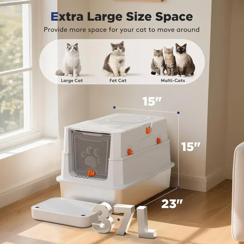 Miniatura 7 de FURTIME Caja de arena de acero inoxidable con tapa, caja de arena cerrada extragrande para gatos grandes, caja de metal para gatos con caja de alta