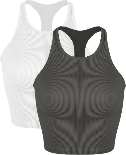 ODODOS - Camiseta corta sin mangas, camisola con tejido acanalado, sin costuras, para mujer, paquete de 3unidades