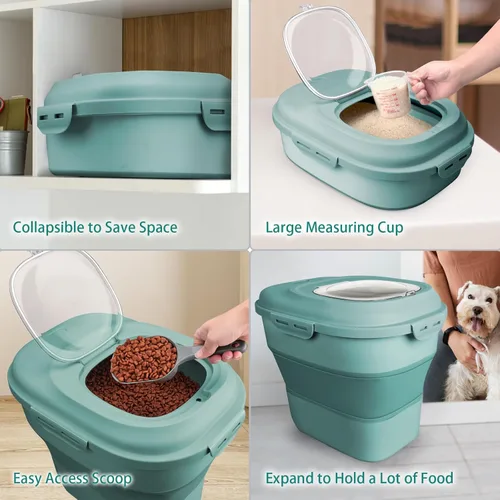 Miniatura 2 de Komzon Contenedor de cereales para arroz, dispensador de arroz plegable de 13 a 50 libras con tapa transparente, ruedas rodantes, taza medidora