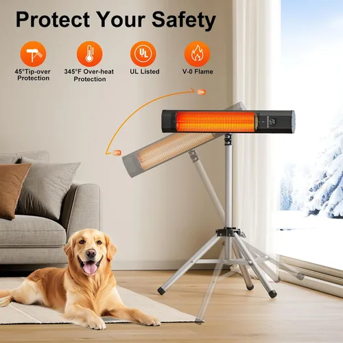 Miniatura 4 de Calentador de patio al aire libre con control remoto, calentador eléctrico infrarrojo con trípode, altura ajustable de 68 pulgadas, temporizador