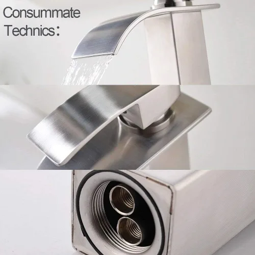 Miniatura 8 de Grifo de lavabo alto de níquel cepillado con boquilla de cascada, grifo alto de baño de una sola manija, sobre mostrador, grifo de lavabo de tocador