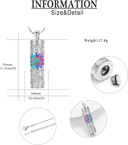 Miniatura 16 de Collar de urna de girasol para cenizas, collar de barra cilíndrica para cenizas para mujer, colgante de recuerdo para cenizas, joyería de cremación