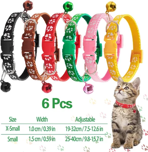 Miniatura 2 de Jecikelon 6 collares ajustables para cachorros, collar de poliéster para gatos con campana, collar básico para perros pequeños (S, pata 1)