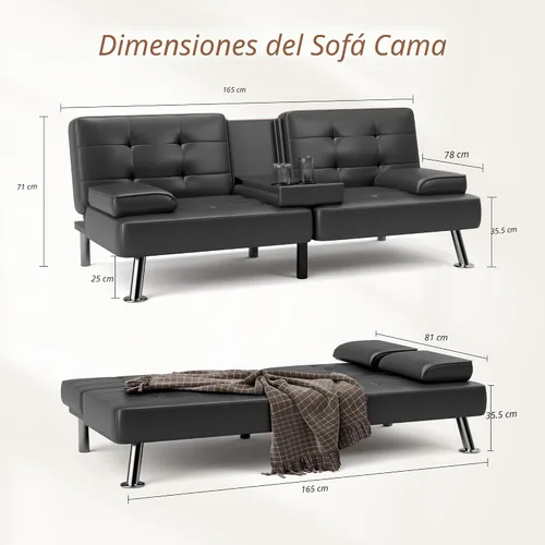 Miniatura 2 de Shahoo - Sofá cama convertible tipo futón plegable para sala de estar, sofá cama con respaldo tapizado de cuero sintético, sillón con reposabrazos