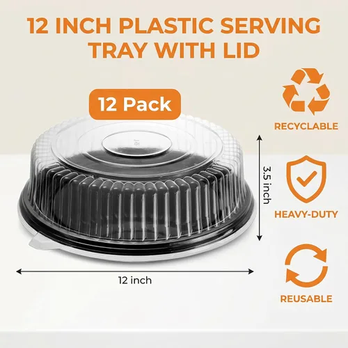 Miniatura 2 de Frcctre Paquete de 12 bandejas de plástico de 12 pulgadas con tapa, platos desechables de plástico para servir alimentos con tapas de cúpula