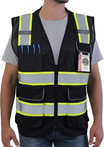 Neopelta Chaleco de seguridad reflectante de malla negra, chaleco de alta visibilidad con bolsillos y cremallera, cuello acolchado, negro con ribete