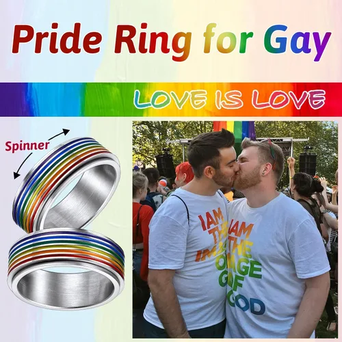 Miniatura 3 de FaithHeart Anillos para ansiedad LGBT Pride Rainbow, acero inoxidablechapado en oro de 18 quilates, joyería de amor es amor para hombres y mujeres