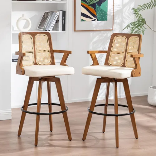Miniatura 18 de Juego de 2 Taburetes de Mostrador - Taburetes Giratorios de 27 Pulgadas con Respaldo de Ratán, Brazos Curvos, Asiento Tapizado, Patas de Bambú Nogal