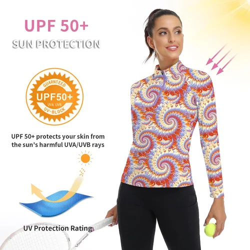 Miniatura 127 de WOWENY Camiseta deportiva de manga larga para mujer, con cremallera de un cuarto, cuello para entrenamiento, camiseta de tenis con estampado