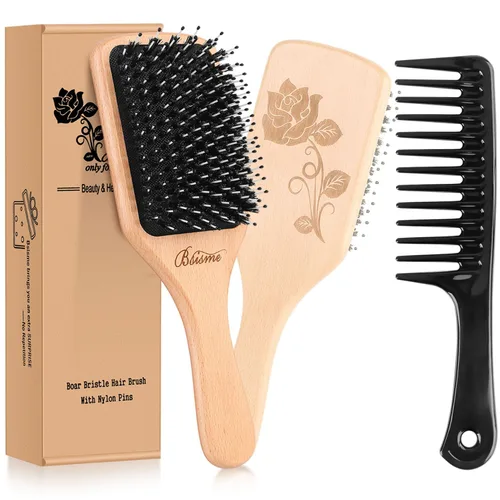Bsisme Cepillo para el Cabello - Cepillo de Cerdas de Jabalí con Pines Desenredantes Cepillo Desenredante de Paleta de Madera para Mujeres y Hombres