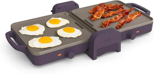 BELLA Plancha de 10"x 20" de cerámica plegable y con almacenamiento, doble temperatura, apta para cualquier cocina, revestimiento antiadherente