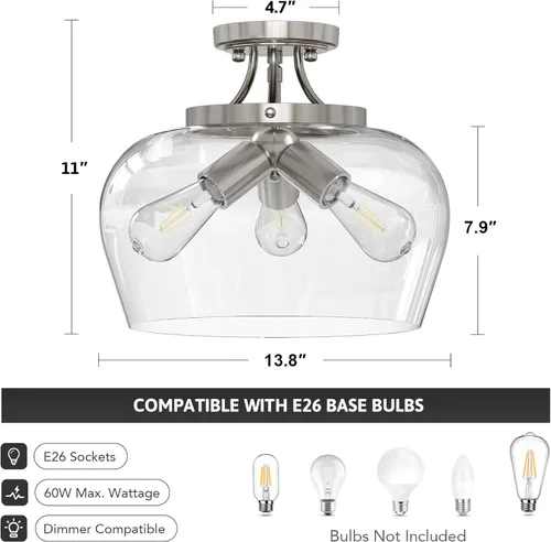 Miniatura 5 de VONLUCE Lámpara de techo semiempotrada, lámpara de techo de 13.8 pulgadas con pantalla de vidrio transparente, base E26, accesorio de iluminación