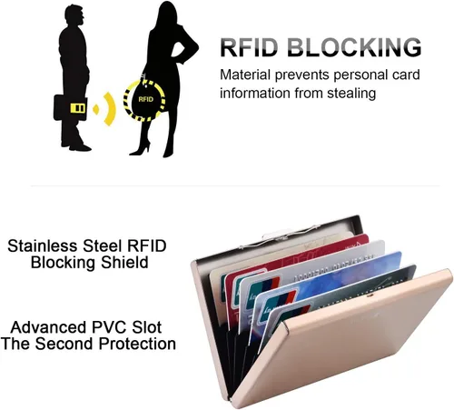 Miniatura 79 de BONSYL® Soporte para tarjetas de crédito, cartera delgada de metal con bloqueo RFID, con 6 ranuras para tarjetas, para mujeres y hombres.