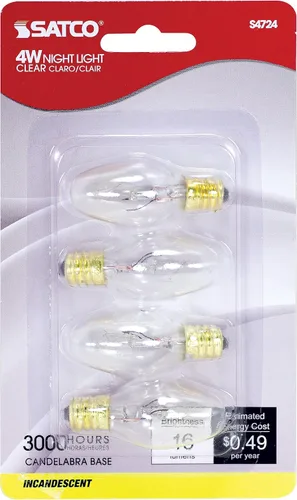 Miniatura 2 de Satco S4724 - Bombilla nocturna 4C7 con base de candelabro de 4 W, 120 V, 4 tarjetas, transparente