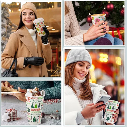 Miniatura 7 de Hotop Juego de 60 vasos de papel de Navidad de 16 onzas con tapas, vasos de papel desechables de Navidad, tazas de café, tanto calientes como fríos