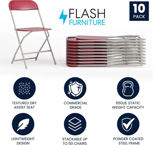Miniatura 3 de Flash Furniture Paquete de 10 sillas plegables de plástico rojo con capacidad de 650 libras con 2 sillas plegables rojas, capacidad de 650 libras