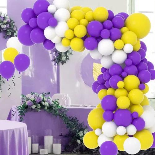 Miniatura 5 de Kit de arco de guirnalda de globos morados y amarillos y blancos, 122 globos amarillos, morados y blancos para cumpleaños, boda, aniversario