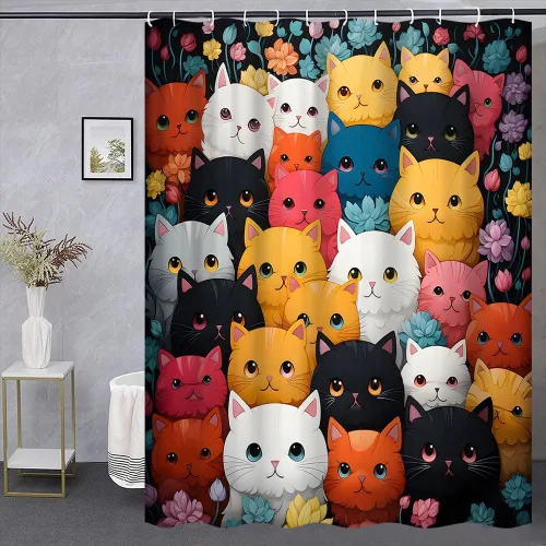 Miniatura 2 de Divertida cortina de ducha con diseño de gato y dibujos animados, diseño floral, encantador, animal, amante de las mascotas, decoración de baño