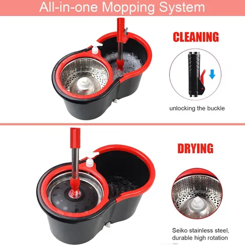 Miniatura 3 de Trapeador giratorio y cubo con juego de escurridor, sistema de cubo giratorio de 360° con 3 cabezales de repuesto de mopa de microfibra, mango