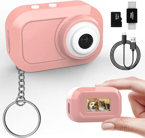 Mini cámara con llavero con 14M 1080P FHD, mini cámara digital de bolsillo, pequeñas cámaras portátiles de 0.96 pulgadas, grabadora de video con Rosa