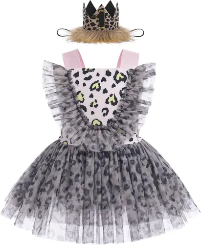 Miniatura 10 de IBTOM CASTLE Vestido de princesa tutú para niña pequeña con estampado de leopardo, dona, ratón, vestido de princesa con funda para pañales, conjunto