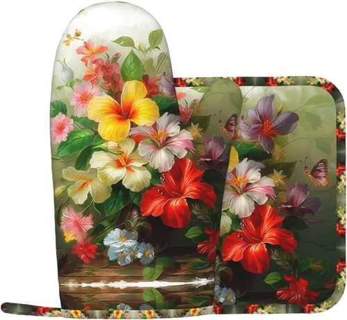 Juego de manoplas de horno y soportes para ollas con estampado de ramo de flores, resistentes al calor, antideslizantes, guantes de cocina, 2