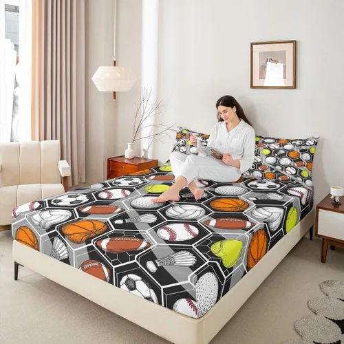 Miniatura 7 de Juego de ropa de cama para juegos de pelota, básquetbol, fútbol, sábana bajera hexagonal, geométrica, deportiva, sábana plana, béisbol, tenis