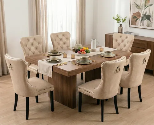 Miniatura 13 de Shunzhi Juego de 2 sillas de comedor de cuero beige, modernas de mediados de siglo, sillas de cocina tapizadas con capitoné, sillas auxiliares