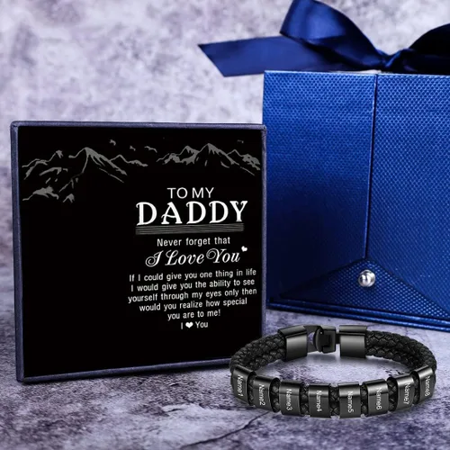 Miniatura 9 de Pulsera trenzada negra personalizada para hombre, pulsera personalizada con 1-8 cuentas personalizadas, nombres de la familia, joyería para hombres