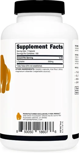 Miniatura 4 de Primal Cápsulas de L-tirosina (180 cápsulas/500 mg por porción) Suplemento de aminoácidos de tirosina