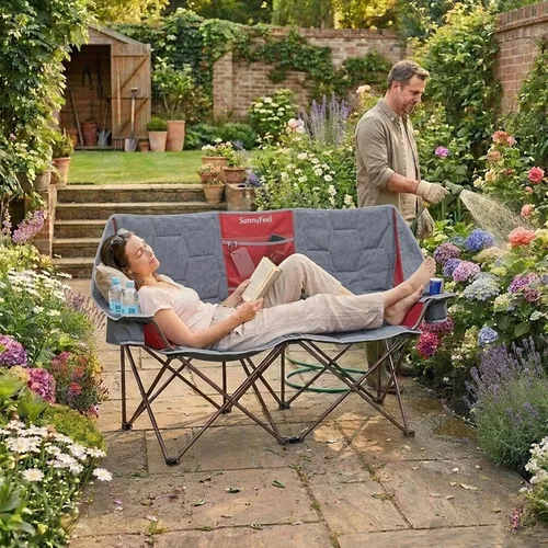 Miniatura 2 de SUNNYFEEL Silla de Camping Doblada Doble, Silla Loveseat Sobredimensionada, Silla de Césped Portátil/Plegable Resistente con Almacenamiento