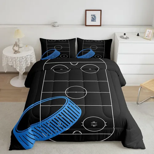 Miniatura 5 de Juego de edredón con estampado de pista de hockey sobre hielo, tamaño individual, juego de edredón con temática de juegos deportivos de pelota