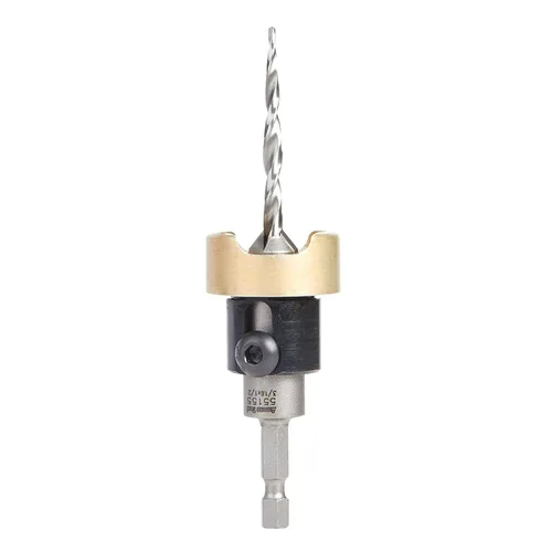 Amana Tool Avellanador de 82 grados con broca cónica y tope de profundidad ajustable, 55155, 1/2 D x 3/16 D de broca x vástago hexagonal de