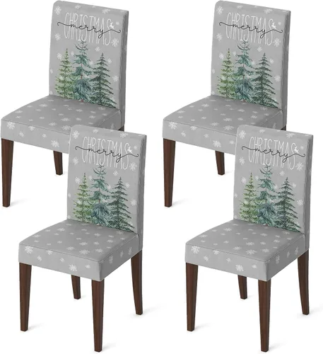 Horaldaily 4 piezas, fundas para sillas de comedor navideñas, con diseño de árboles de nieve, elásticas, extraíbles y lavables, protector de silla