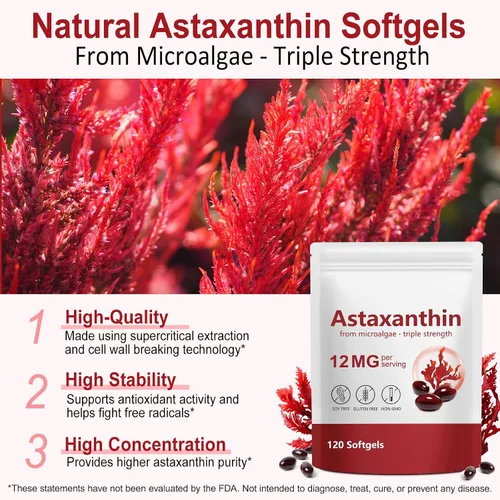 Miniatura 9 de Astaxantina 12 mg, Astaxantina 120 cápsulas blandas premium, extraídas naturalmente de Haematococcus pluvialis Suministro de 4 meses