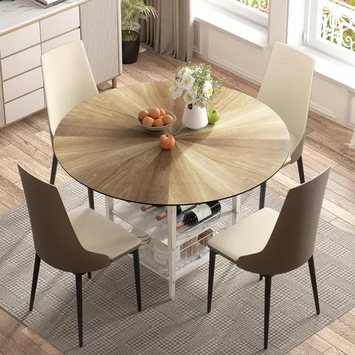Miniatura 11 de Juego de mesa de comedor redonda de 47 pulgadas para 4-6 personas, juego de mesa de comedor grande de cocina estilo granja con sillas y estante