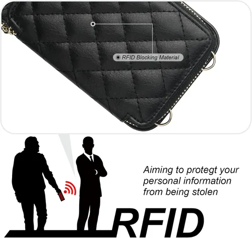 Miniatura 3 de Bocasal Funda tipo cartera cruzada para iPhone 13 Pro, con bloqueo RFID, de piel sintética, con cremallera, funda tipo cartera con función atril