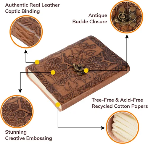 Miniatura 5 de Diario de búho, diario de cuero en relieve de búho, diario de cuero para hombres, diario de cuero para mujeres, diario de papel hecho a mano de 240