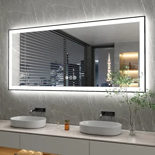 Miniatura 69 de Espejo de baño LED de 60x36 pulgadas con marco negro, espejos de baño retroiluminados y con luz frontal para pared, antiempañamiento, regulable