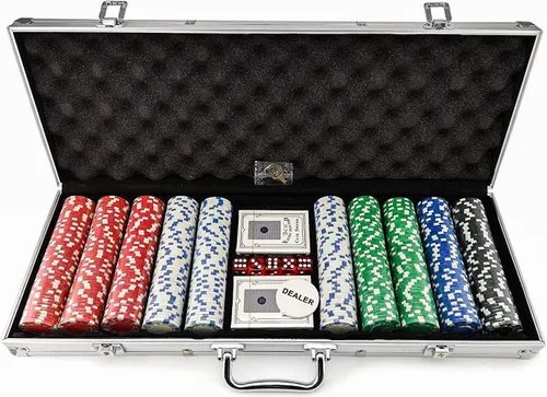Miniatura 2 de Tradeopia Juego de 500 fichas de póquer con estuche de aluminio, incluye 1 ficha de distribuidor, 2 barajas de cartas, 5 dados rojos, juego